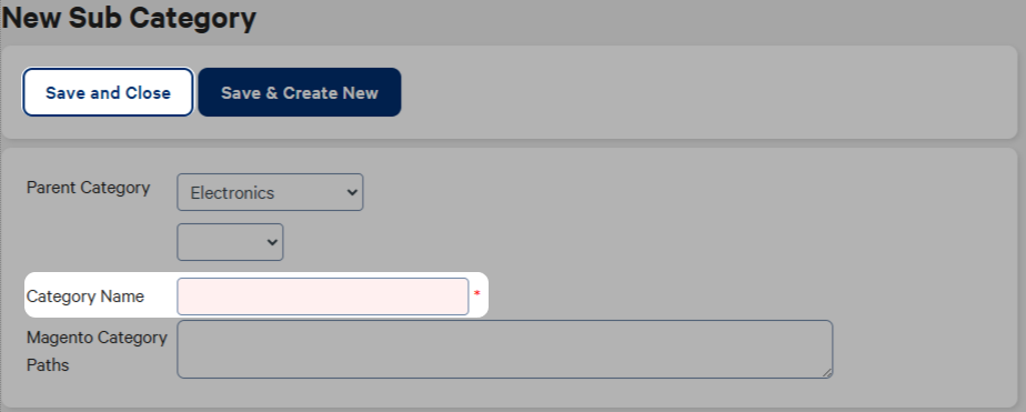 New sub-category create screen