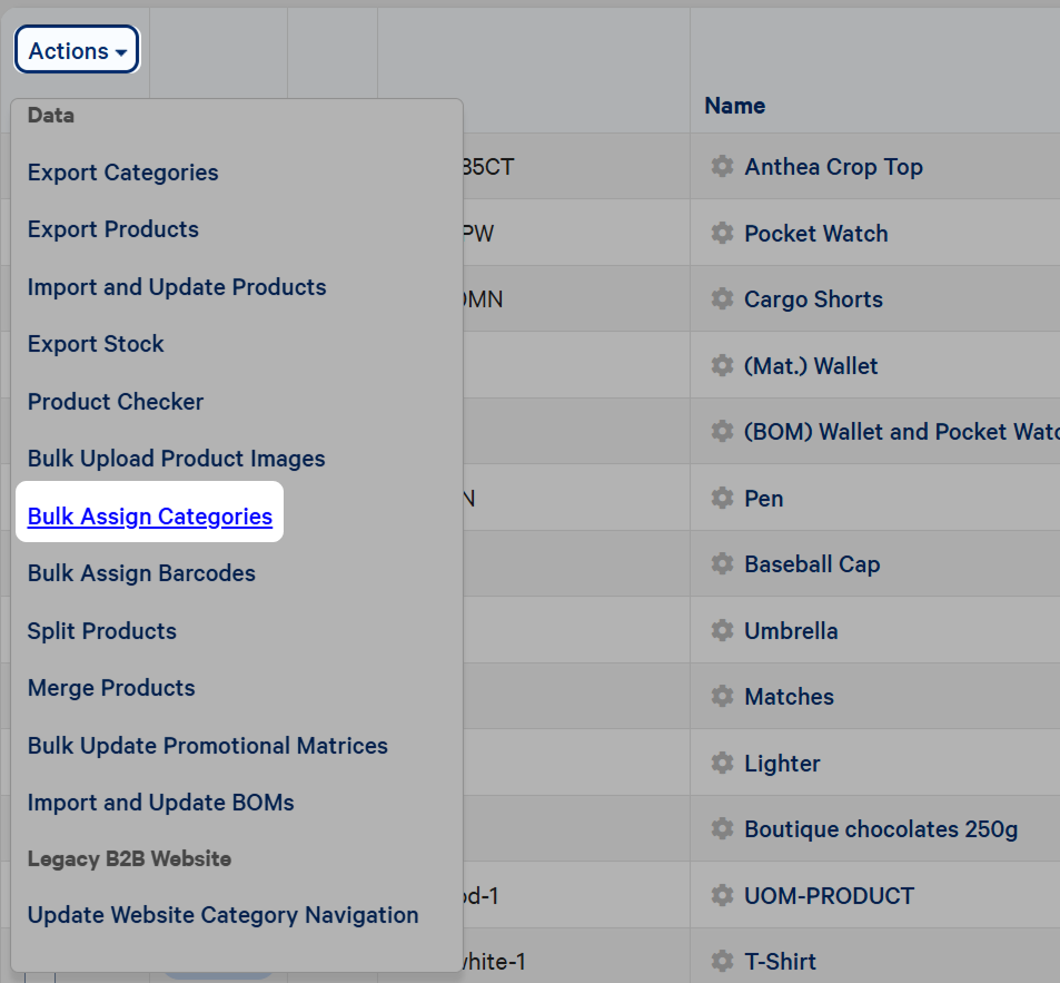 Bulk Assign Categories action in the Actions menu