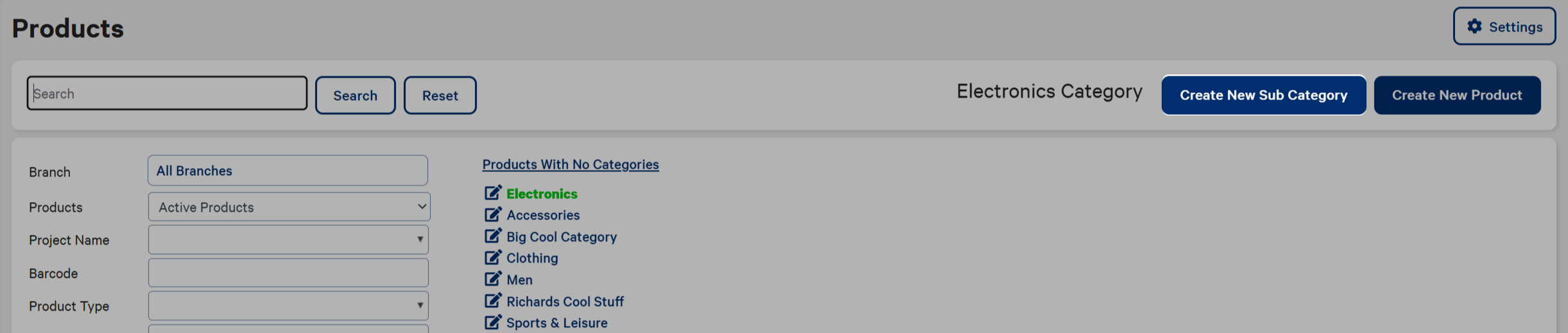 Create New Sub Category button