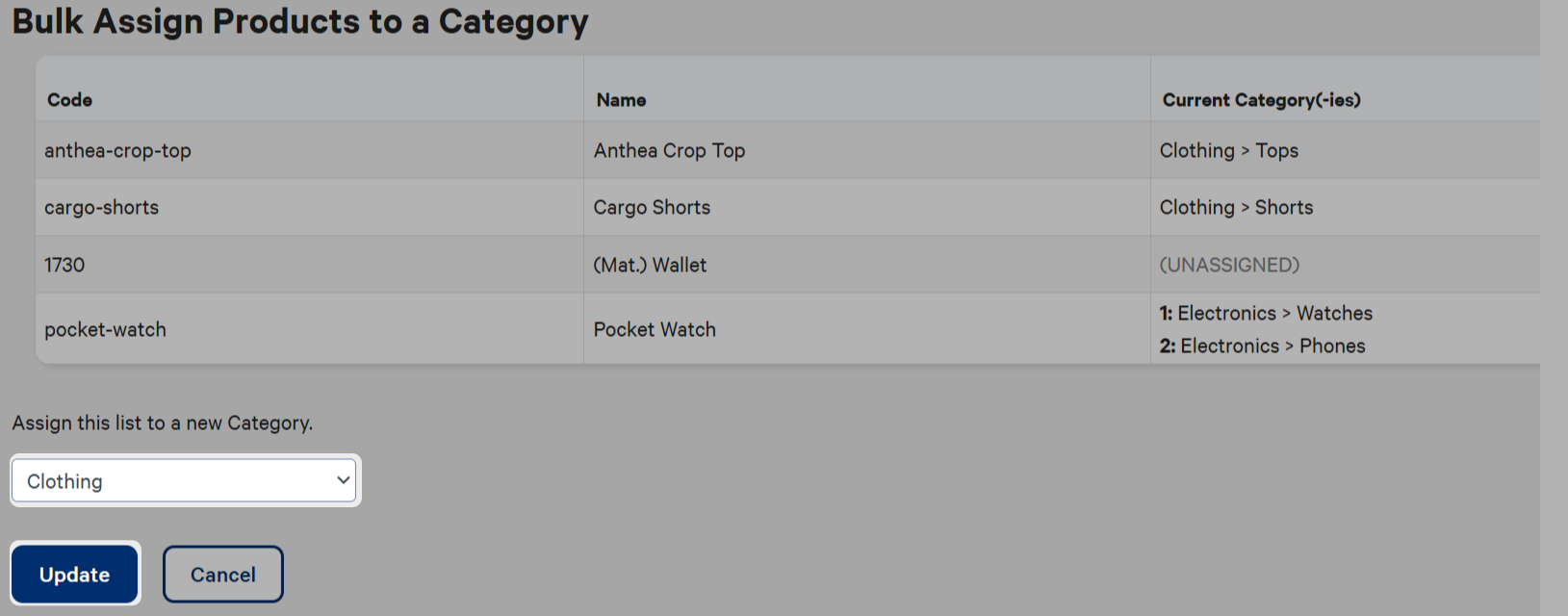 Bulk category selection