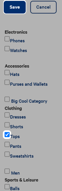 Category selection checkboxes